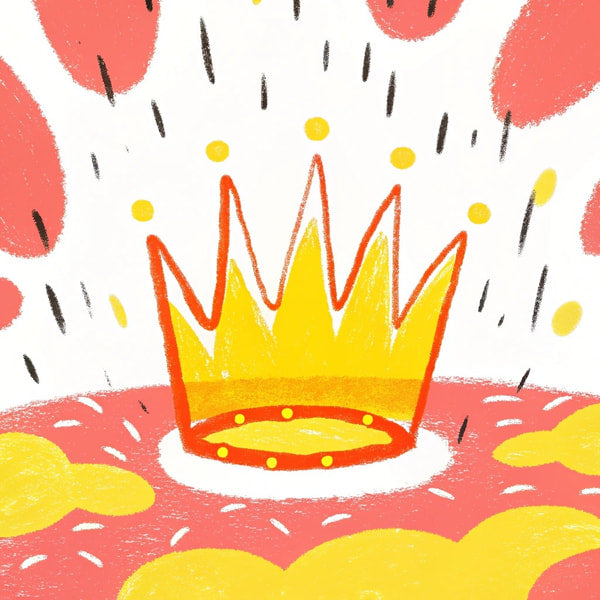 A Cake With A Crown On Top Set Against A Colorful Background With Raindrops And A Cloud Like Shape — Stock Illustration