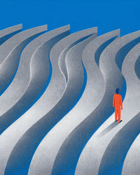A Person Stands Alone Amidst A Series Of Abstract Wavy Structures That Resemble A Futuristic Cityscape An Sculpture — Stock Illustration