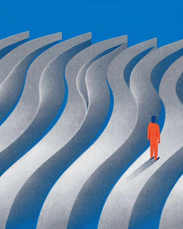 A Person Stands Alone Amidst A Series Of Abstract Wavy Structures That Resemble A Futuristic Cityscape An Sculpture — Stock Illustration