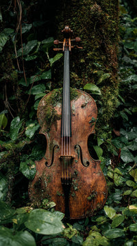 Shows A Wooden Cello With A Rich Dark Finish Resting On A Mossy Surface In What To Be A Tropical Setting — Stock Photo