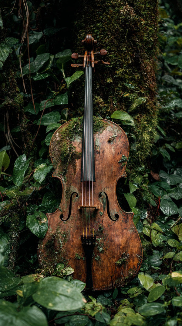 Shows A Wooden Cello With A Rich Dark Finish Resting On A Mossy Surface In What To Be A Tropical Setting — Stock Photo