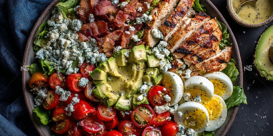 A Colorful Chicken Caesar Salad With Bacon Eggs And Blue Cheese Dressing Served On A Wooden Tray — Stock Photo