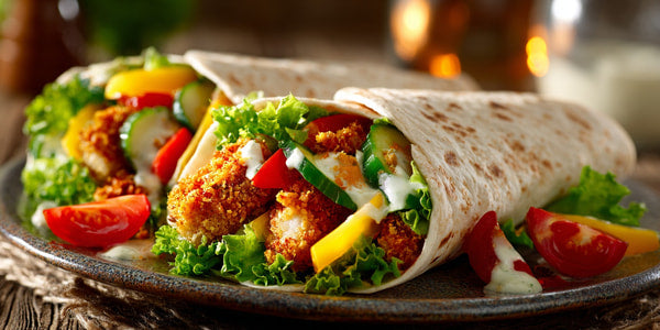 A Plate Of Food A Burrito Filled With Chicken And Vegetables Placed On A Table — Stock Photo