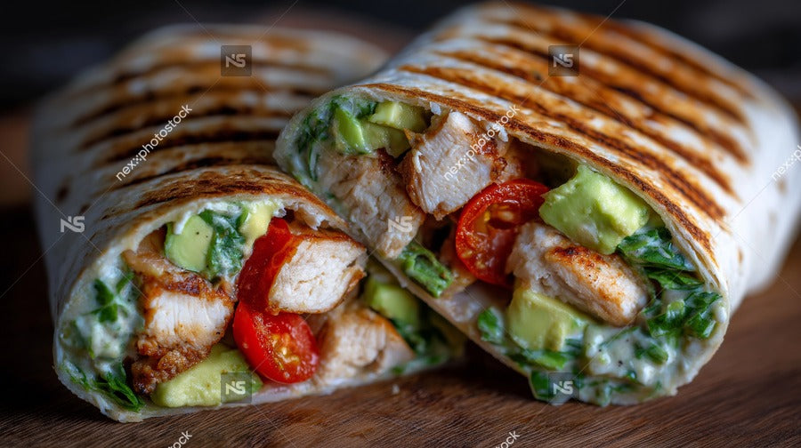 A Chicken Caesar Wrap With Tomato And Spinach Cut In Half To Reveal Its Filling Served On A Wooden Surface — Stock Photo