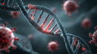 A Graphic Illustration Of A Double Helix Dna Molecule Surrounded By Numerous Red Virus Particles Set Against A Dark Background — Stock Photo