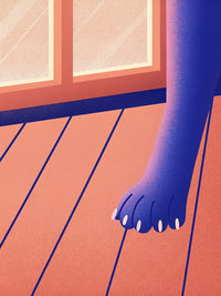 Illustration Of A Cartoon Blue Dinosaur Foot On A Wooden Floor Near A Window — Stock Illustration