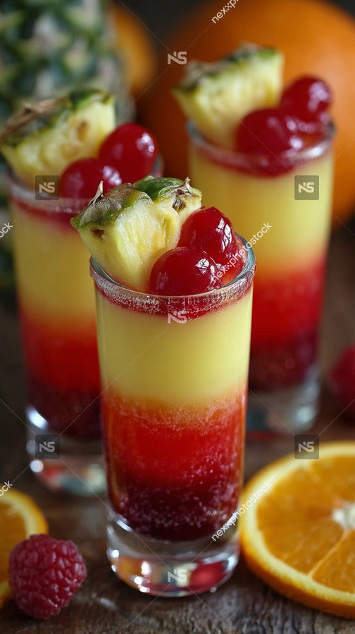 Colorful Cocktails Served In Shot Glasses Garnished With Fruit Slices And A Straw Arranged On A Wooden Surface — Stock Photo