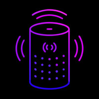 Illustration Of A Smart Speaker With A Purple Glow And Sound Waves Emanating From It — Stock Vector
