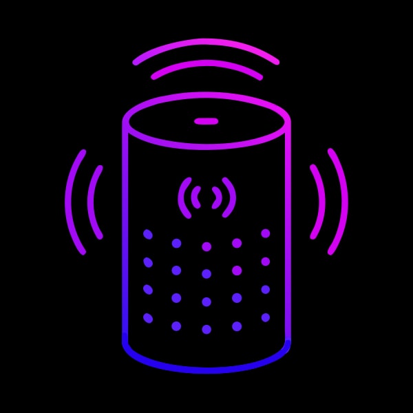 Illustration Of A Smart Speaker With A Purple Glow And Sound Waves Emanating From It — Stock Vector