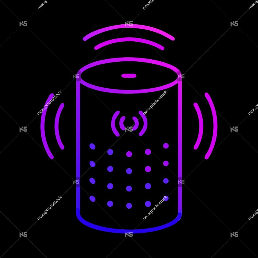 Illustration Of A Smart Speaker With A Purple Glow And Sound Waves Emanating From It — Stock Vector