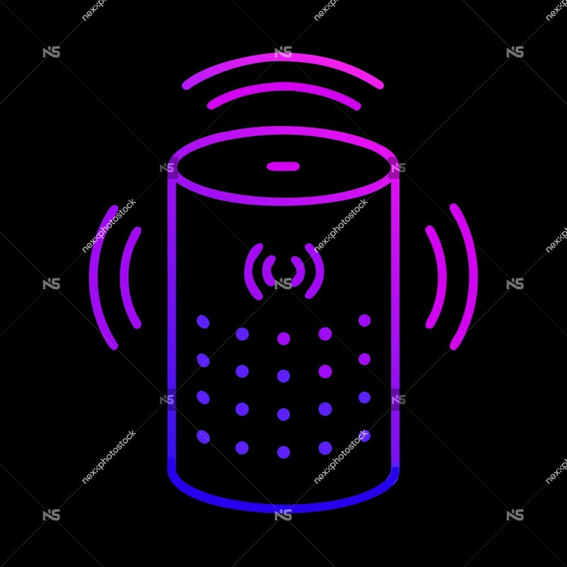 Illustration Of A Smart Speaker With A Purple Glow And Sound Waves Emanating From It — Stock Vector