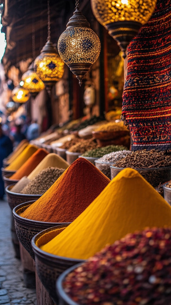 A Market Stall Filled With Various Spices Prominently Large Jars Of Vibrant Red And Yellow Spices Displayed Under Hanging Lanterns — Stock Photo