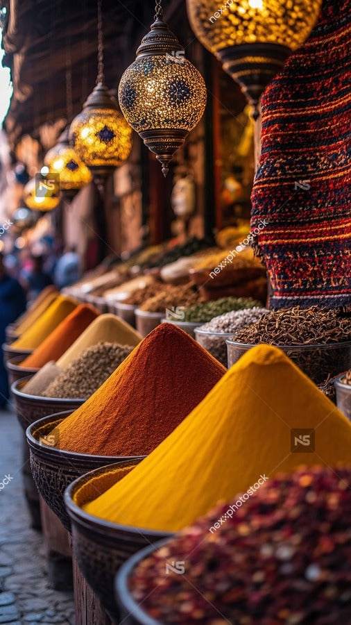 A Market Stall Filled With Various Spices Prominently Large Jars Of Vibrant Red And Yellow Spices Displayed Under Hanging Lanterns — Stock Photo