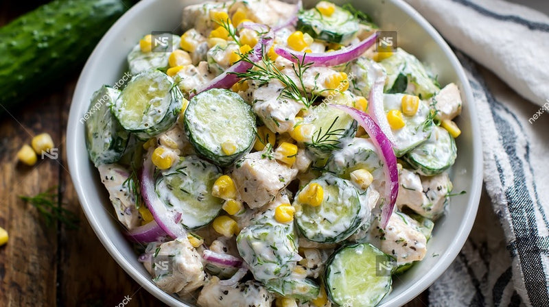 A Bowl Of Chicken Salad With Cucumbers And Corn Garnished With Fresh Herbs Served On A Wooden Table — Stock Photo