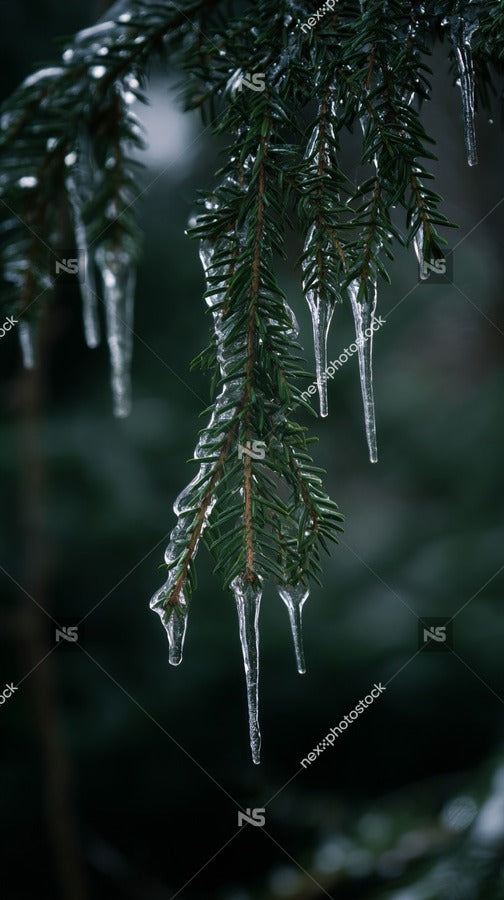Ice Icicles Hanging From A Tree Branch In A Forest During Winter — Stock Photo