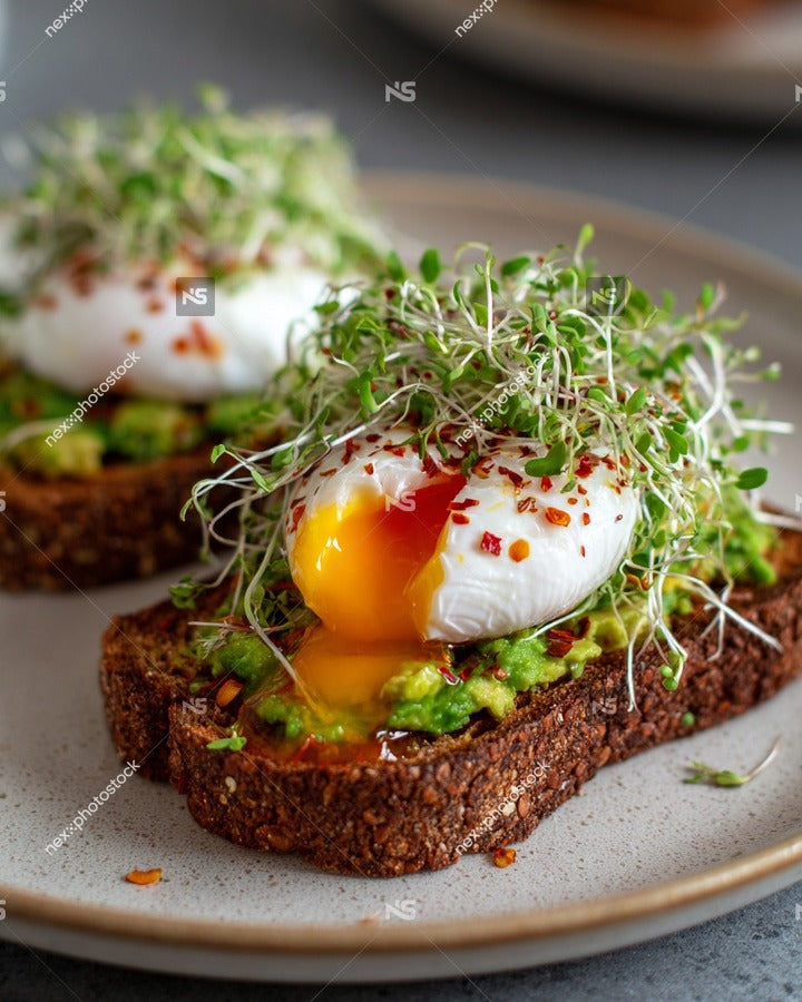 Eggs Benedict With Avocado Toast On A Plate Garnished With Microgreens And A Sprinkle Of Red Pepper Flakes 2 — Stock Photo