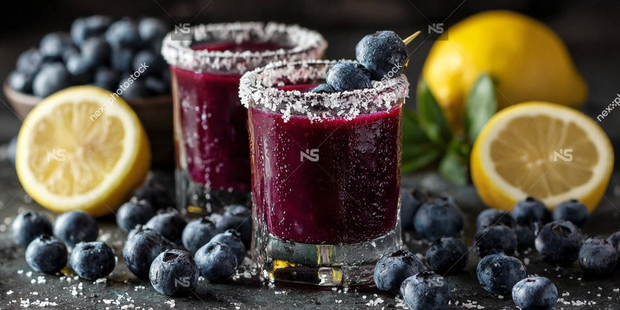 Two Glasses Of Blueberry Margaritas With Lemon Wedges On A Table Surrounded By Fresh Blueberries And Lemons — Stock Photo