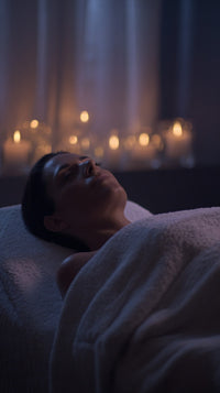 Woman Lying Down In A Spa With Dim Lighting And Candles Visible In The Background — Stock Photo
