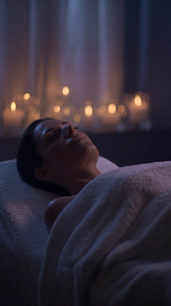Woman Lying Down In A Spa With Dim Lighting And Candles Visible In The Background — Stock Photo