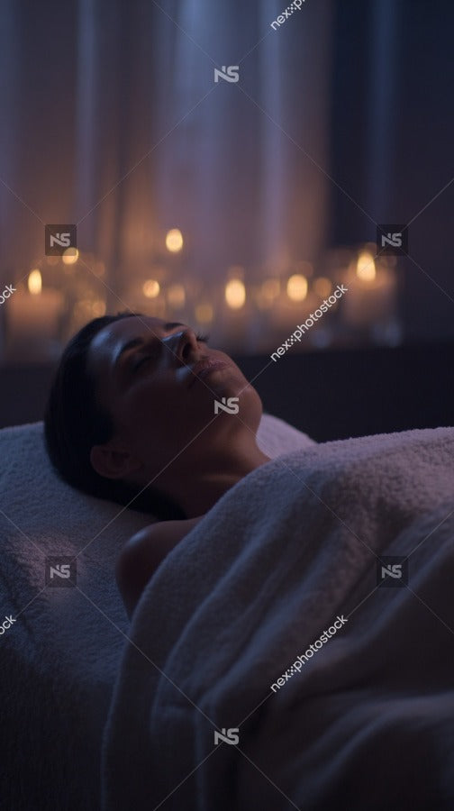 Woman Lying Down In A Spa With Dim Lighting And Candles Visible In The Background — Stock Photo