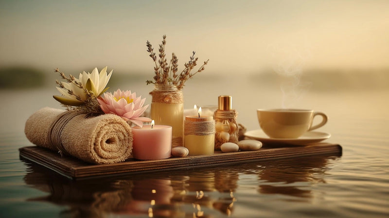 serene spa scene aromatic candle and flower arrangement on a tray by the water at sunset - Stock Video