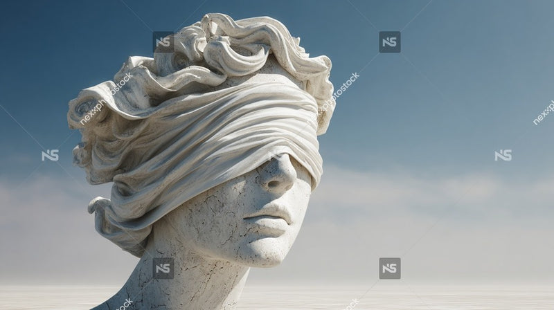 Statue Of A Woman With Blindfold And Hair In Wind Against Blue Sky Background — Stock Photo