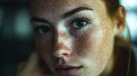 A Woman With Freckles Is Captured In A Close Up Portrait Gazing Directly Into The Camera Lens — Stock Photo