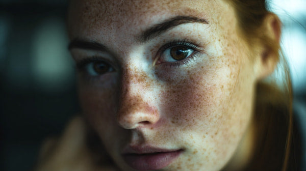 A Woman With Freckles Is Captured In A Close Up Portrait Gazing Directly Into The Camera Lens — Stock Photo