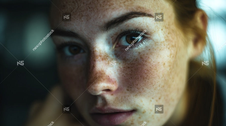 A Woman With Freckles Is Captured In A Close Up Portrait Gazing Directly Into The Camera Lens — Stock Photo