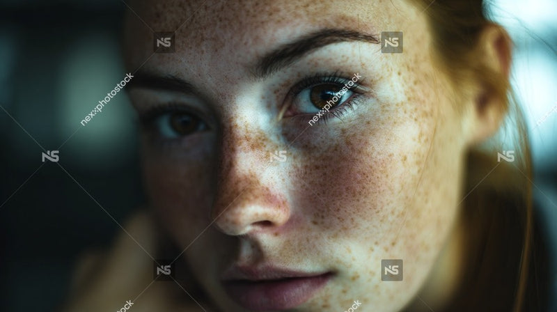 A Woman With Freckles Is Captured In A Close Up Portrait Gazing Directly Into The Camera Lens — Stock Photo