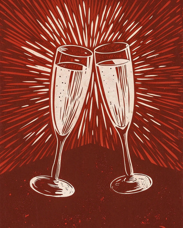 Two Champagne Flutes With Sparkling Liquid Set Against A Red Background With A Burst Of Light Effect — Stock Illustration