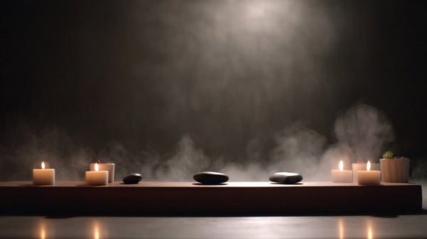Aromatic Candlelit Spa Ambiance With Wooden Trays Holding Candles And Bowls Set Against A Dark Background — Stock Photo