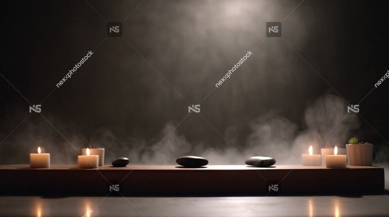 Aromatic Candlelit Spa Ambiance With Wooden Trays Holding Candles And Bowls Set Against A Dark Background — Stock Photo
