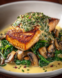 A Plate Of Salmon Topped With Spinach Mushrooms And A Creamy Sauce Served On A White Plate — Stock Photo