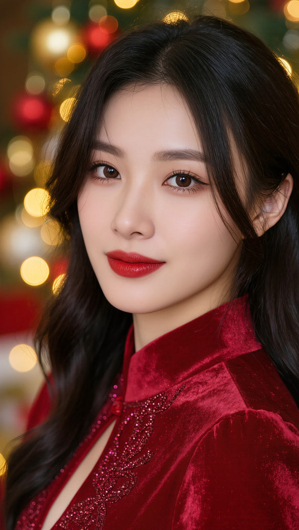 Asian Woman Posing For A Portrait Wearing A Red Velvet Dress And Makeup With Red Lipstick — Stock Photo