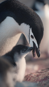 Penguin Family Moment With A Baby Penguin And An Adult Penguin In Close Up Set Against A Natural Backdrop — Stock Photo
