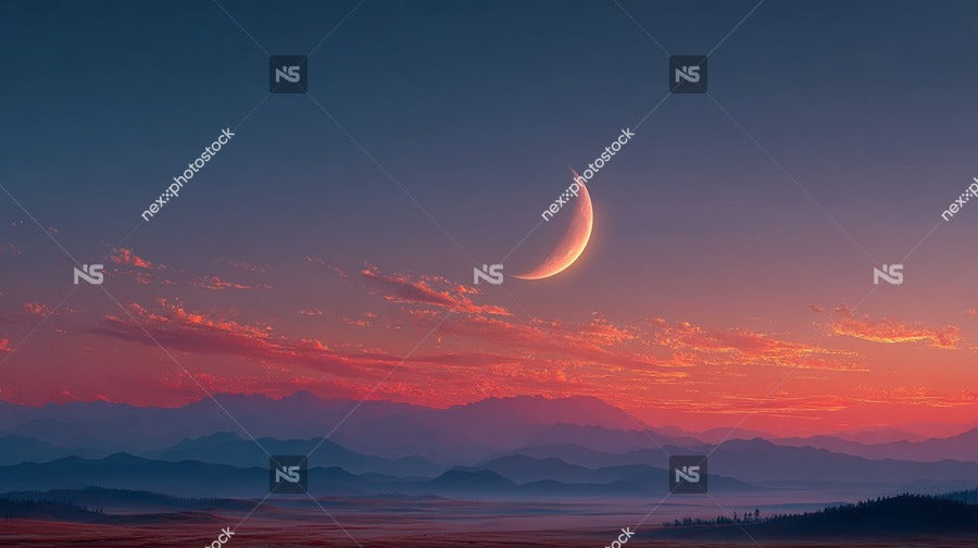 Captures A Serene Scene Of A Crescent Moon Rising Over A Mountain Range During Sunset — Stock Photo