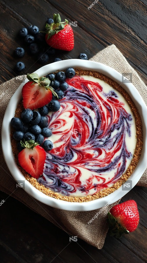 A Slice Of Blueberry Cheesecake Topped With Strawberries On A Plate Accompanied By Fresh Berries — Stock Photo