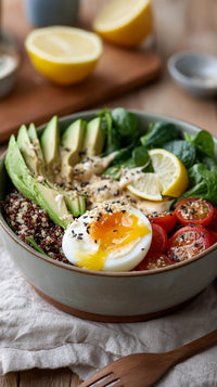 Bowl Of Avocado Toast With Fried Egg And Lemon Wedges On A Wooden Table — Stock Photo