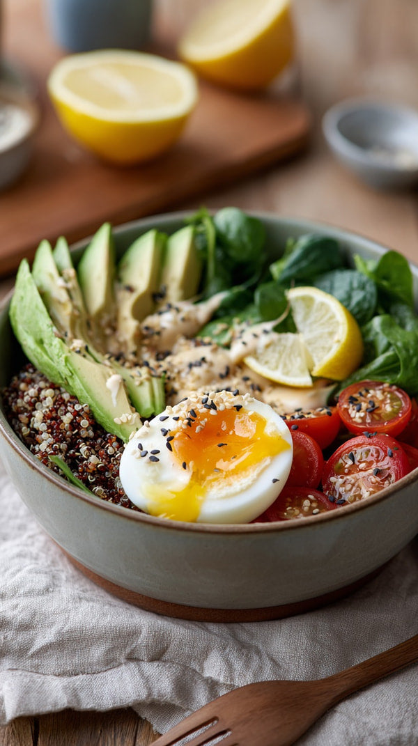 Bowl Of Avocado Toast With Fried Egg And Lemon Wedges On A Wooden Table — Stock Photo