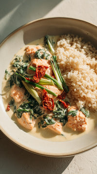 A Plate Of Thai Style Chicken Curry With Rice And Vegetables Served On A Wooden Table — Stock Photo