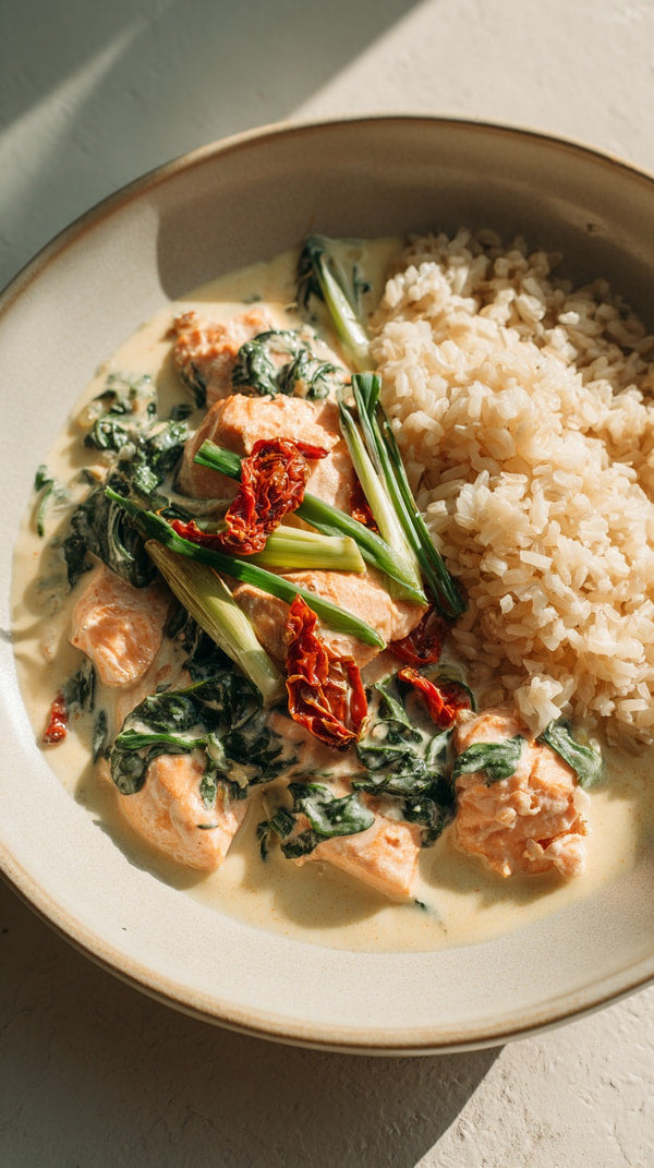 A Plate Of Thai Style Chicken Curry With Rice And Vegetables Served On A Wooden Table — Stock Photo