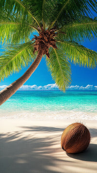 Tropical Beach Scene With Palm Tree And Coconut A Clear Blue Sky And Ocean In The Background — Stock Photo
