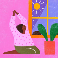 A Person Practicing Yoga In A Room With A Window Potted Plant And A Pink Wall — Stock Illustration