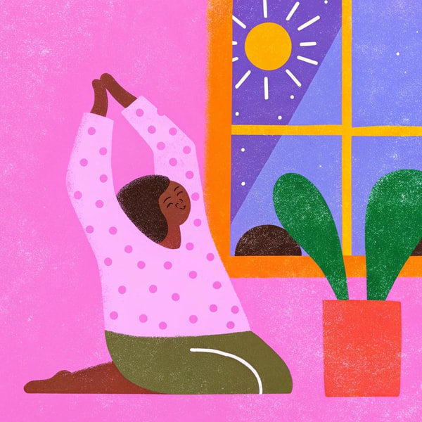 A Person Practicing Yoga In A Room With A Window Potted Plant And A Pink Wall — Stock Illustration