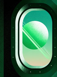 Illustration Of An Airplane Window With A Green Planet And A Blue Sky Background — Stock Illustration