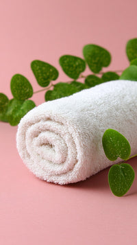 A White Towel With Green Leaves In The Background Placed On A Pink Surface — Stock Photo