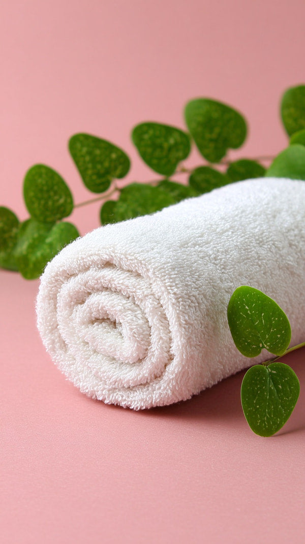 A White Towel With Green Leaves In The Background Placed On A Pink Surface — Stock Photo