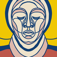 Human Portrait In A Stylized Illustration With A Yellow Background And A Red Border — Stock Vector
