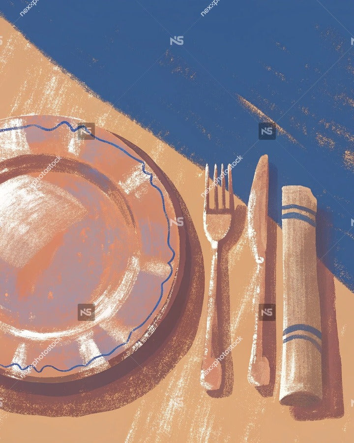 Table Setting Illustration With A Blue Background And A Fork Knife Spoon Plate And Bowl On A Table — Stock Illustration